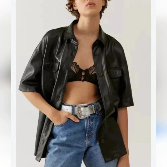 Urban Outfitters Tops - Urban Outfitters UO New Black Faux Leather Shirt Jacket Shacket Size Small